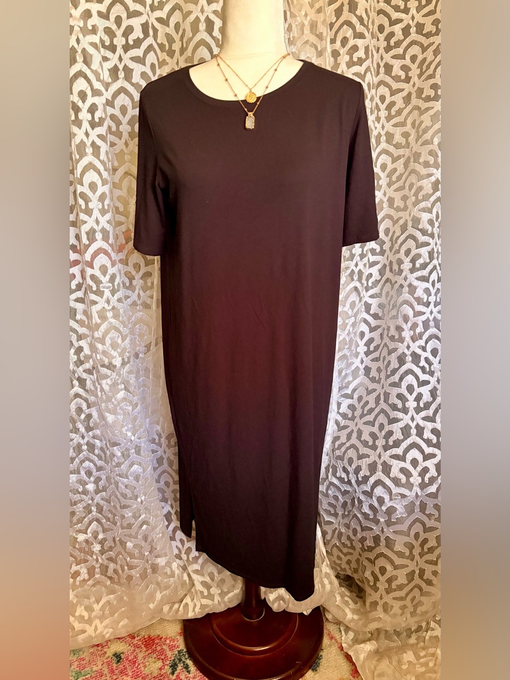 Eileen Fisher Black Spandex/Viscose Jersey Short-Sleeve Shift Dress size Small